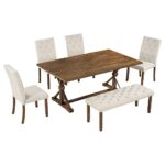 Merax 6-Piece Farmhouse Wooden Dining Set, 72″ Wood Rectangular Table, 4 Upholstered Chairs with Bench, Walnut + Beige
