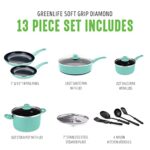 GreenLife Soft Grip Diamond Healthy Ceramic Nonstick 13 Piece Cookware Pots and Pans Set, PFAS-Free, Dishwasher Safe, Turquoise, Diamond Cookware