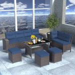 ASJMR 7 Pieces Outdoor Patio Furniture Set with Dining Table Outdoor Dining Set Sectional Sofa Brown Rattan Patio Conversation Set with Dark Blue Cushions and 3 Ottomans