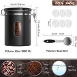 Coffee Food Canister with Scoop, Airtight Stainless Steel Food Jars Kitchen Container for Beans Grounds, Tea, Sugar Flour and Dry Goods Storage with Clear Window, 22oz (Black)