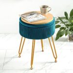Velvet Storage Ottoman Foot Rest, Upholstered Pleated Round Footrest Vanity Stool with Metal Legs, Coffee Table Top Cover, Modern Accent Stools,Makeup Footstool, Suitable for Living Room and Bedroom