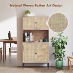 Brafab 63″ Kitchen Buffet with Hutch, Pantry Storage Cabinet with Handmade Natural Rattan Cabinet Doors for Microwave, Coffee Maker (Natural Color)