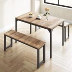 IMUsee 45″ Dining Table Set for 4, 3-Pieces Kitchen & Dining Room Sets with Benches, Metal Frame and Wood Board, Sturdy Structure, Easy Assembly, Small Space Dinette, Brown & Grey