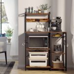 SUPERJARE Bakers Rack with Power Outlet, Microwave Stand, Coffee Bar with Wire Basket, Kitchen Storage Rack with 6 S-Hooks, Kitchen Shelves for Spices, Pots and Pans – Rustic Brown
