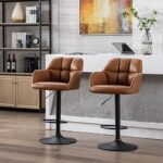 Swivel Bar Stool Height Adjustable Set of 2, Kitchen Dining Cafe Hydraulic Square PU Leather Bar Chair with Padded Back and Arms, Brown