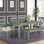 Roundhill Furniture Bentia 6-Piece Dining Table Set with Cross Back Chairs and Bench, Teal