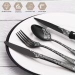 EUIRIO 48-Piece Black Silverware Set with Steak Knives, Black Flatware Set for 8, Stainless Steel Cutlery Set, Knives and Forks and Spoons Sets,Unique Pattern Design,Mirror Polish and Dishwasher Safe