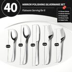 40 Piece Silverware Set, Premium Silverware Cutlery Set Stainless Steel Flatware Sets Service for 8, Spoons Forks Knifes Utensils Tableware Sets for Home, Dishwasher Safe