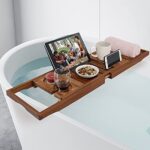 Teak Bathtub Tray, Expandable Wooden Bath Tray for Tub with Wine and Book Holder, Solid Bathroom Caddy with Free Teak Body Brush