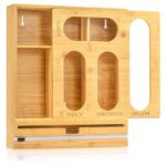 Bamboo Ziplock Bag Storage Organizer For Kitchen drawer,Baggie Organizer,Plastic Wrap Dispenser With Cutter,Sandwich Bag Organizer Compatible with Gallon, Quart, Sandwich and Snack Variety Size Bag