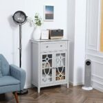 HOMCOM Kitchen Cabinet, Storage Cabinet, Sideboard Floor Accent Cabinet w/ 2 Glass Doors, Drawer & Adjustable Shelves for Living Room, Dining Room, Bedroom, Entryway, Light Grey