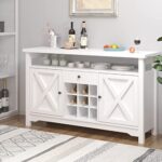Farmhouse Buffet Storage Cabinet, 47″ Wood Wine Cabinet Accent Kitchen Storage Cabinet Console Table for Kitchen and Dining Room, Freestanding Kitchen Cabinet Coffee Bar Cabinet, White