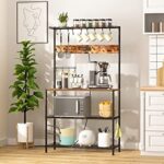 SUPERJARE Bakers Rack with Power Outlets – Height Adjustable Microwave Stand, 4-tier Kitchen Storage Rack with 10 S-shaped Hooks, 360° Hanging Strip, Coffee Bar Station – Rustic Brown
