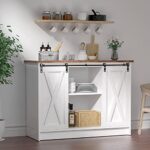 Farmhouse Coffee Bar Cabinet with Storage, 42’’ Kitchen Buffet Storage Cabinet with Sliding Barn Door, White Sideboard Buffet Cabinet with Adjustable Shelf for Dining, Room Living