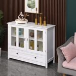 Large Buffet Cabinet for Living Room Kitchen, White Storage Sideboard with Glass Doors and Drawer, Credenza Console Table for Dining Room Entryway, Wooden Serve Cupboard Pantry Cabinet with Shelves