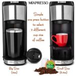Mixpresso Coffee Maker Single Serve For Ground Coffee & Compatible With K Cup Pods, With 14oz Travel Mug & Reusable Filter For Home, Office & Camping, 30oz Removable Water Tank.