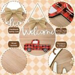 Jetec Interchangeable Red Truck Wooden Door Sign Heart Welcome Sign for Front Door Seasonal Buffalo Plaid Truck Decor Welcome to Our Home Hanging Sign 12 Inch Valentine Christmas Home Decor