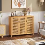 VIAGDO Buffet Sideboard Storage Cabinet, Kitchen Cupboard with 3 Louvered Doors, Buffet Server Console Table, Accent Cabinet, for Dining Room, Living Room, Kitchen, Hallway, Natural Bamboo