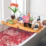 Bamboo Expandable Bathtub Caddy Tray for Bath Tub Wooden Adjustable for Luxury and Relaxing with Wine Glass Holder, Reading Slot by FURNINXS