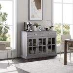 FOTOSOK Modern Buffet Sideboard, Glass Door Buffet Cabinet Kitchen Sideboard with 2 Storage Drawers & Shelves, Bar Wine Cabinet Console Table for Dining Living Room, Gray Oak