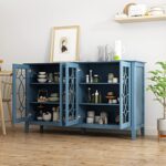 Homsee Buffet Sideboard Storage Cabinet with Glass Doors & 6 Storage Compartments, Wood Kitchen Cupboard Console Table for Dining Room, Hallway and Living Room, Blue (53.9”L x 15.7”W x 31.9”H)
