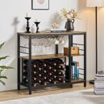 Yaheetech Wine Rack Table with Glasses Holder, Industrial Wooden Liquor Bar Cabinet with Wine Storage, Freestanding Wine Cabinet with Hooks for Bar, Buffet, Dining Room, Kitchen, Rustic Brown