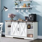Farmhouse Sideboard Buffet Cabinet Sliding Barn Door Coffee Bar Cabinet with Storage 59” White Kitchen Buffet Storage Cabinet Farmhouse Coffee Bar Cabinet for Dining Room,Living Room, White