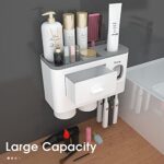 iHave Toothbrush Holders for Bathrooms, 2 Cups Toothbrush Holder Wall Mounted with Toothpaste Dispenser, Large Capacity Tray, Cosmetic Drawer and 6 Brush Slots with Cover Tooth Brush Holder