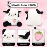 LMTGLDT Strawberry Cow Plushie Pillow Cow Stuffed Animal Toys, Cute Cow Plush Kawaii Home Decorations, Soft Stuffed Strawberry Cow Doll Lovely Gifts for Kids (Black Cow)