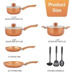 Pots and Pans Set Copper, Pre-Installed Nonstick Cookware Set with Ceramic Coating, 11 Piece Cookware with Kitchen Utensils, Gas/Induction Compatible, 100% PFOA Free