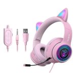 Cat Ear Gaming Headphones Wired AUX 3.5mm with LED Light, VIGROS Flashing Stereo Game Headphones Surround Sound Over-Ear Headsets with Microphone Fit Kids & Adult for PC, PS4, Switch, Mobile, Laptop