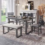 Merax Dining Table Set, 6 Piece Kitchen Table Set with Rectangular Table and 4 High Back Upholstered Dining Chairs and Tufted Bench, Wood Dining Table Set for 4-6 Persons (Gray)