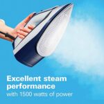 Hamilton Beach Iron & Steamer for Clothes with Smooth Press Stainless Steel Soleplate, 3-Way Auto Shutoff, 1500 Watts for High-Velocity Steam, 10’ Cord, Leak-Proof Anti-Drip, White (14650)
