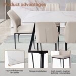 Dining Table Set for 6, Modern White Dining Table Sintered Stone Rectangula Table & 6 Dining Chairs (1 Table 6 Beige Chairs)