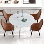 5-Piece Kitchen Table Set Round Dining Table Set for 4 Dining Room Table Set for Small Spaces Modern Dinner Table Set with 4 Linen Fabric Chairs with Metal Legs,Marble Rustic Brown