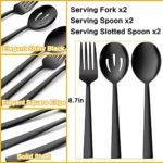 Black Serving Utensils Set of 6, E-far Stainless Steel 8.7 Inch Hostess Serving Set with Square Edge, Metal Serving Slotted Spoons Forks for Party Buffet Catering, Mirror Finished & Dishwasher Safe