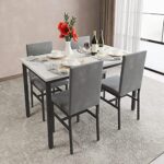 tantohom Dining Table Set for 4, Compact Kitchen Table and Chairs for 4, 5 Pieces Faux Marble Dining Room Table Set with 4 Gray Velvet Upholstery Chairs for Small Space, Living Room, Breakfast Nook