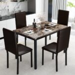 Lamerge 5 Piece Dining Table Set for 4,Faux Marble Kitchen Table and Chairs for 4, Dining Room Table Set with PU Leather Chairs,Small Dining Set for Small Spaces,Living Room, Brown