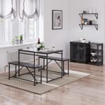 Panana 3 Piece Dining Room Table Set 43 Inch Kitchen Table with Two Benches Breakfast Table with Metal Frame Dining Room Home Black