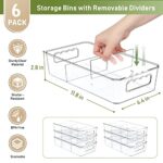 6 Pack Food Storage Organizer Bins, Clear Pantry Organization and Storage Bins with Removable Dividers, Plastic Pantry Organizer Refrigerator Organizer Bins for Kitchen, Cabinet, Snacks, Teabags