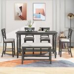 Danxee 6 Piece Counter Height Solid Wood Dining Room Set, Kitchen Table Set with Table, 4 Chairs and Bench, 30” x 60” Rectangle Table with Shelf, Upholstered Chairs with Cross Back (Gray)