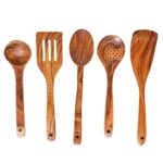 5 Piece Teak Wooden Cooking Spoons Set and Wooden Holder for Storage, Includes Spatulas, Ladle, Strainer, and Mixing Spoon