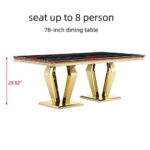 ACEDÉCOR 78″ Modern Luxury Dining Room Table for 6 to 8 – Black Rectangular Top and Gold Stainless Steel Pedestal,Suitable for Kitchen,Ding Room