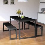 Bealife Dining Table Set for 4, Modern Kitchen Table Set with 2 Benches, 45.5in 3-Piece Soho Dining Room Table Set with Metal Frame and MDF Board, Sturdy Structure, Space-Saving Furniture (Black)
