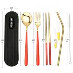 PTBYSMY 8-Piece Stainless Steel Cutlery set Portable Reusable Cutlery Work Travel Cutlery Includes Spoon, Fork, Chopsticks Straw Straw Brush 2 Silicone Straw Tips (Red)