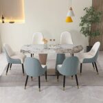 Montary 7 Piece Dining Table Set, Dining Table and Chairs Set, Metal Macaron Dining Table Set for 6, Pandora Marble Dining Table with 6 Chairs for Kitchen, Dining Room