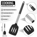Pack of 2 Large Silicone Cooking Spatulas, BPA Free Stainless Steel Kitchen Utensils for Baking, Frying, Stir-Fry, Non-Stick Non-Scratch Heat Resistant Slotted and Solid Spoonula (Black)