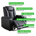 ANJ Power Recliner Chair Set of 3, PU Leather Electric Home Theater Seating with USB Ports and Cup Holders, Black Overstuffed Reclining Furniture with Hidden Arm Storage