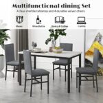 YOFE Dining Table Set for 4, Kitchen Table with 4 Chairs,Faux Marble Tabletop & 4 Velvet Chairs for Dining Room,Kitchen, Dinette, Breakfast Nook (White+Grey)