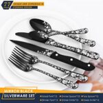 Stapava 77-Piece Black Silverware Set for 12, Plus Steak Knife & Serving Set, Stainless Steel Flatware Cutlery Set, Mirror Eating Utensils Tableware with Butterfly Flower Laser, Dishwasher Safe